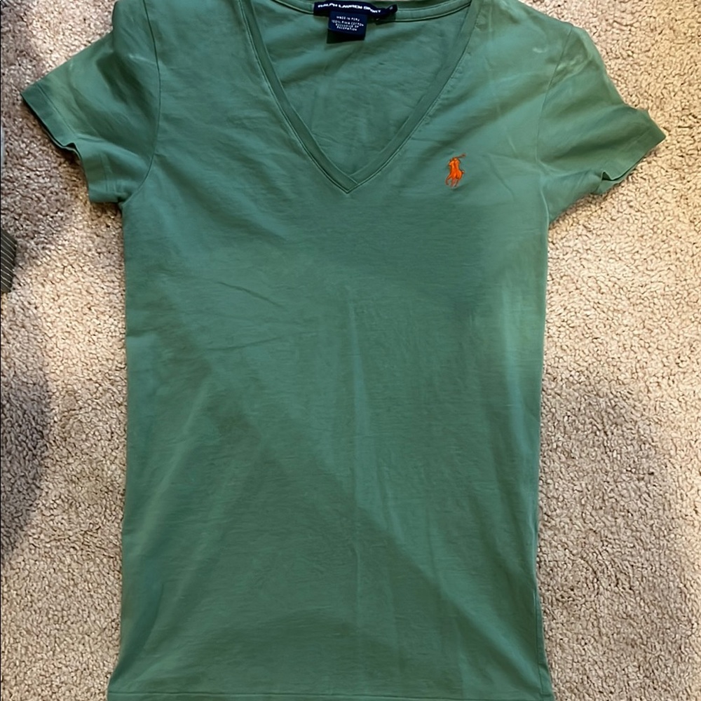 Ralph Lauren Olive V-Neck Tee with Orange Logo